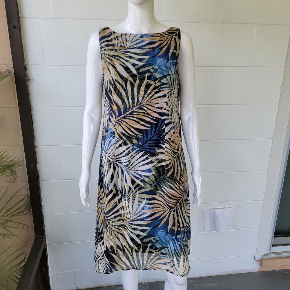 Kate & Mallory Palm Leaf Print Dress Blue Women's M Tropical Boho Coastal Summer